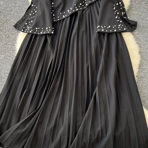 Load image into Gallery viewer, Black Slim High Waist V-neck Long Sleeved Bead Dress For Women 2024 Autumn French New Zipper Pleated Evening Party Dress Fashion
