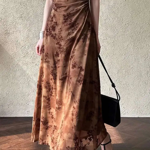 Load image into Gallery viewer, Women Brown Printed Vintage Long Spaghetti Strap Dress New Round Neck Sleeveless Fashion Tide Spring Summer 2025 1DJ0289
