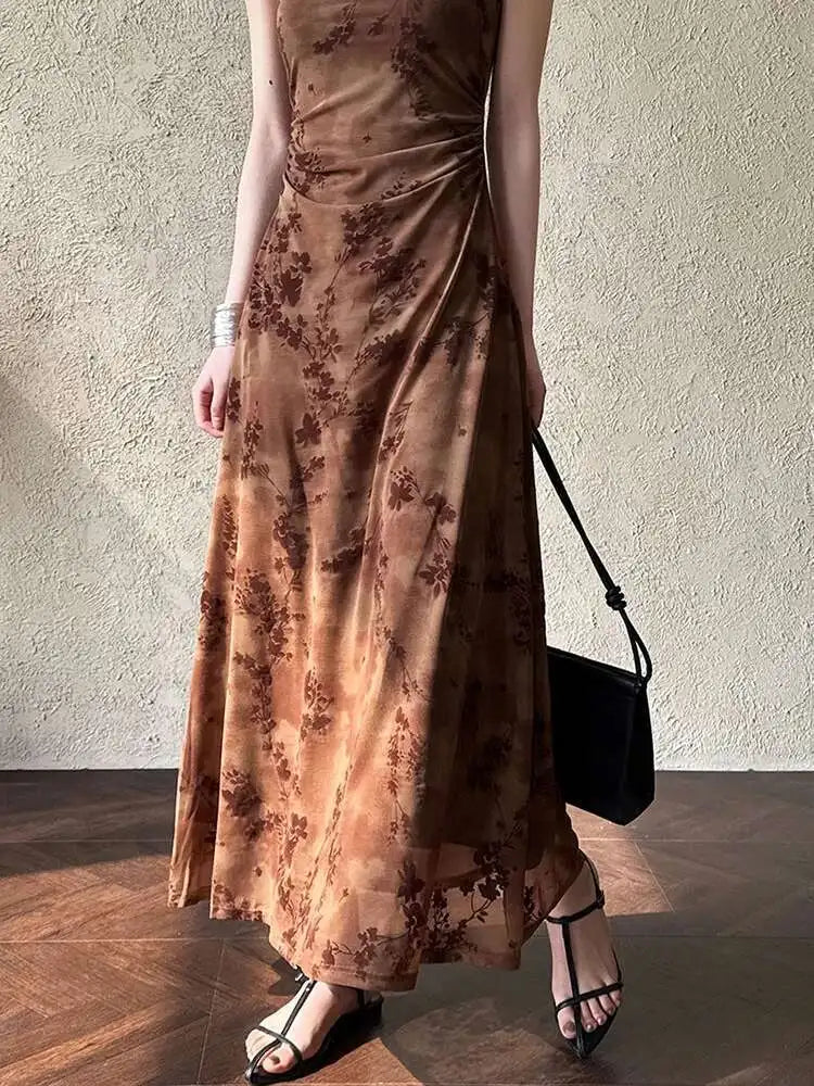Women Brown Printed Vintage Long Spaghetti Strap Dress New Round Neck Sleeveless Fashion Tide Spring Summer 2025 1DJ0289