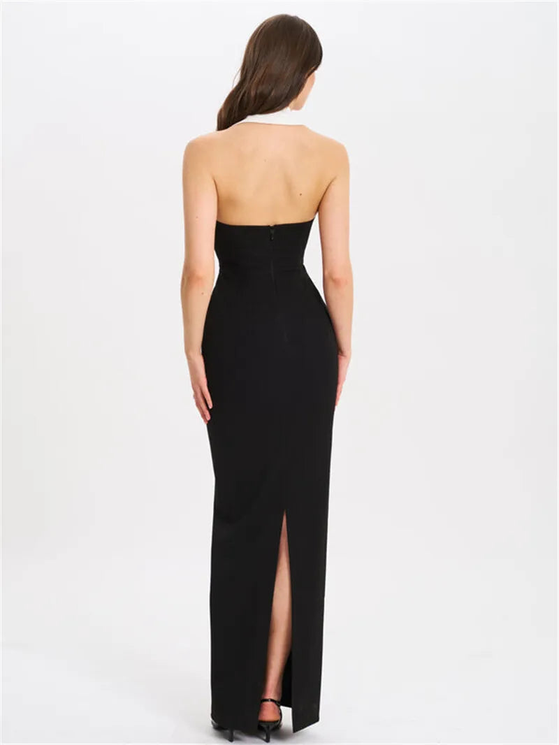 Halter Backless Sexy Maxi Dress For Women Gown Contrast Color Notched Collar Sleeveless Bodycon Club Party Tank Dress