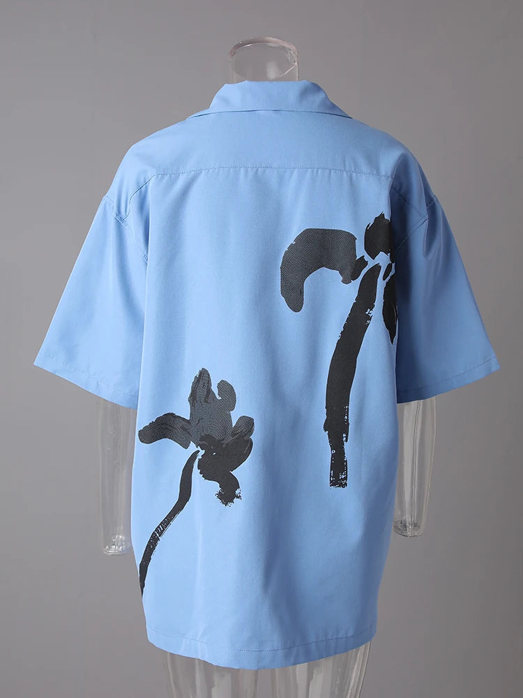 Women Blue Pattern Printed Big Size Casual Blouse New Lapel Short Sleeve Shirt Fashion Tide Spring Summer 2025 CPG3077