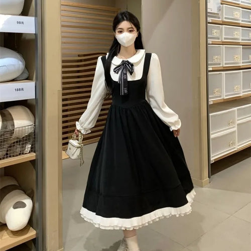 Load image into Gallery viewer, Korean Style School Black Dress Sweet Japanese Harajuku Kawaii Cute Peter Pan Collar Dresses Autumn Winter
