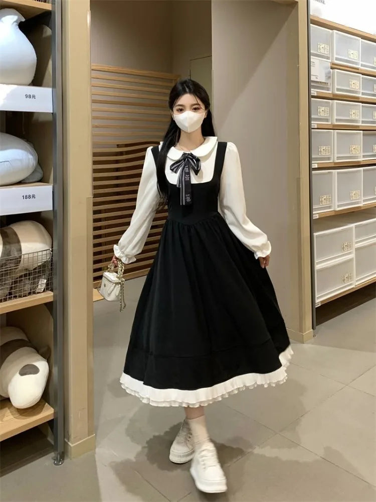 Korean Style School Black Dress Sweet Japanese Harajuku Kawaii Cute Peter Pan Collar Dresses Autumn Winter