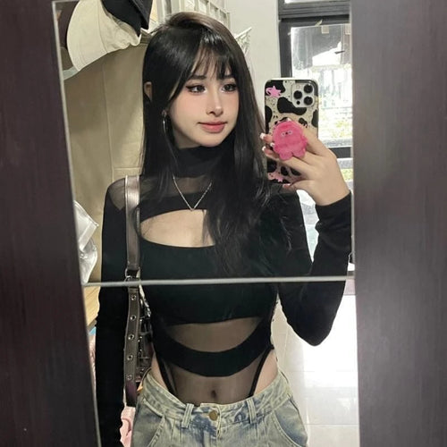 Load image into Gallery viewer, Harajuku Hollow Out Grunge Slim Jumpsuits Women Y2k Aesthetic Gauze Patchwork T-shirt 2025 Streetwear Half High Collar Sexy Tops
