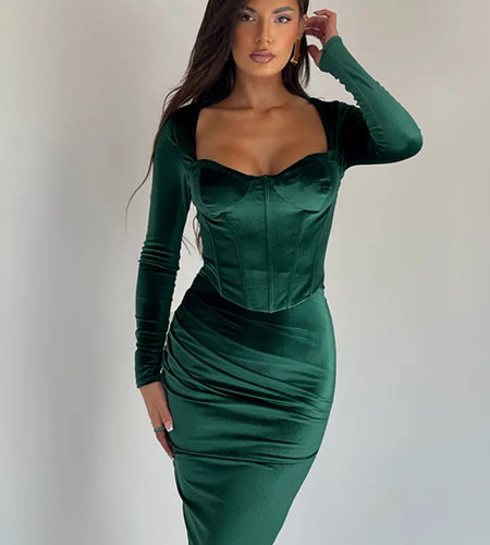 Sexy Skirt Two Piece Set Women Square Collar Long Sleeves Elegant Slim Fit Long Skirt Suit Autumn Ladies Two Piece Set