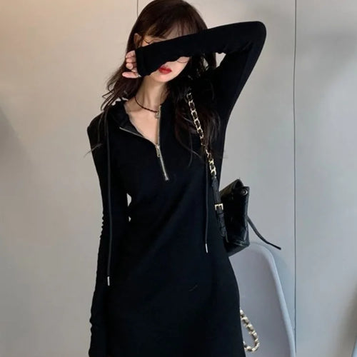 Load image into Gallery viewer, Autumn Korean Zip Bodycon Black Mini Hooded Dress Sport Kpop Style Slim Wrap Long Sleeve Mini Short Dresses Women
