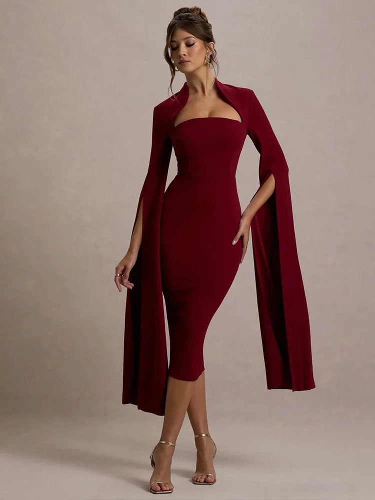 Elegant Long Sleeved Elastic Tight Dress For Women Autumn/Winter 2025 New Dress Sexy Long Slit Party Club Evening Dress