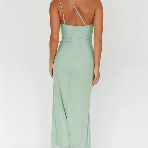 Load image into Gallery viewer, One Shoulder Draped Ruffle Maxi Dress Women Gown Fashion Diagonal Collar Backless Sleeveless Split Long Dress Elegant
