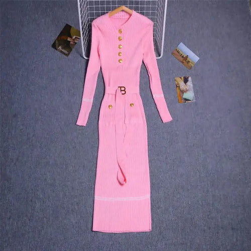 Load image into Gallery viewer, Women's Solid Patchwork Stripe V Neck Elegant Slim Long Sleeved Dress Spring Single Breasted Office Lady Knitted Dresses Fashion
