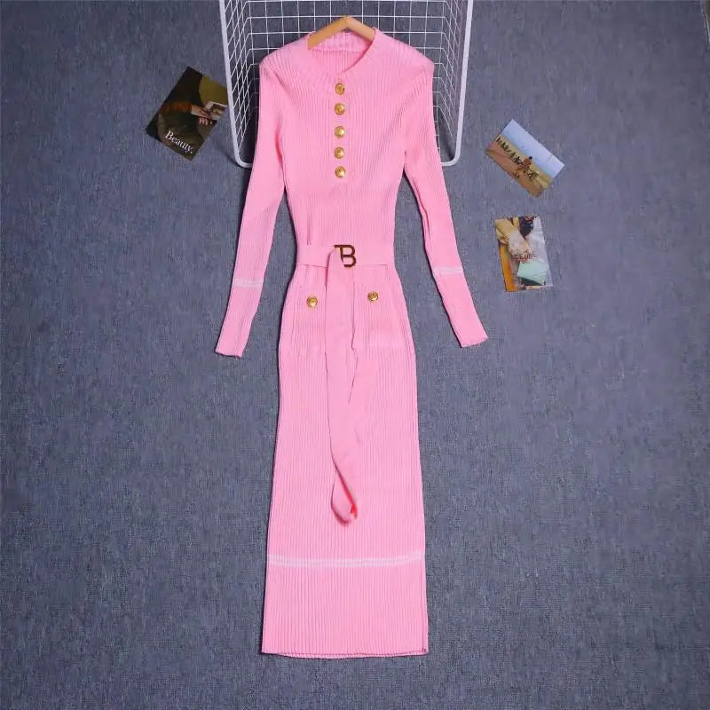 Women's Solid Patchwork Stripe V Neck Elegant Slim Long Sleeved Dress Spring Single Breasted Office Lady Knitted Dresses Fashion