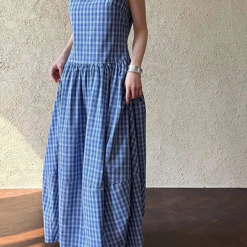 Load image into Gallery viewer, Women Dark Blue Plaid Pocket Vintage Long Elegant Vest Dress New V-Neck Sleeveless Fashion Tide Spring Summer 2025 1DJ0667
