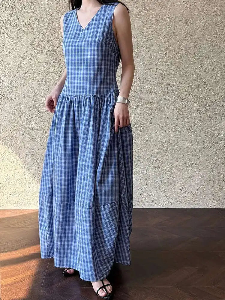 Women Dark Blue Plaid Pocket Vintage Long Elegant Vest Dress New V-Neck Sleeveless Fashion Tide Spring Summer 2025 1DJ0667