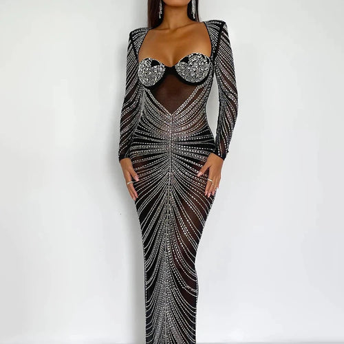 Load image into Gallery viewer, Glitter Mesh See Through Party Maxi Dress For Women Fashion Full Sleeve Bodycon Sexy Club Long Evening Dress Vestido
