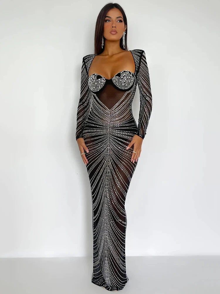 Glitter Mesh See Through Party Maxi Dress For Women Fashion Full Sleeve Bodycon Sexy Club Long Evening Dress Vestido