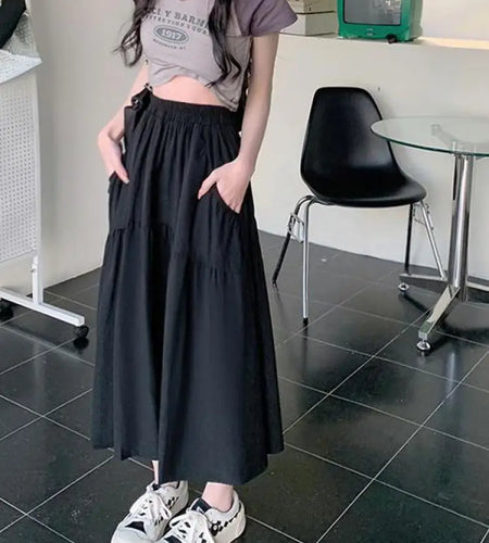 French Spring Summer Black Pleated Long Skirts Women White Elegant High Waist Holiday Skirt Fashion Popular Ladies Clothes Trend