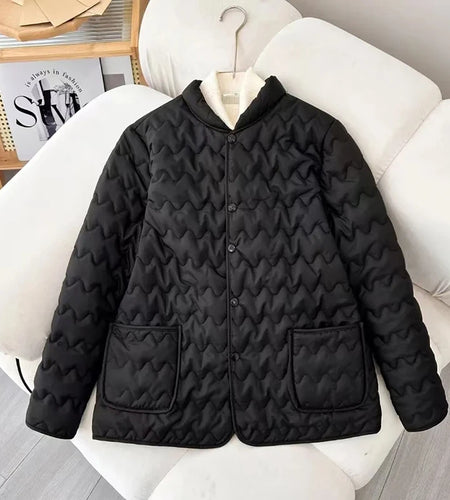 Korean Women Black White Long Sleeve Cotton Coat Fashion 2024 New Autumn Winter Brown Ladies Single Breasted Warm Short Jacket
