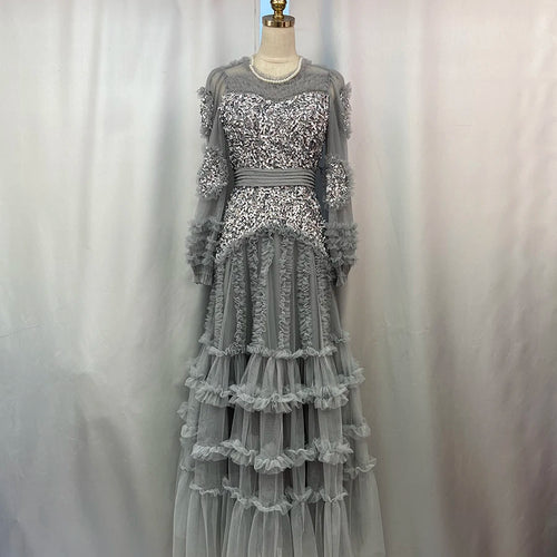 Load image into Gallery viewer, Solid Spliced Bead Luxurious Dresses for Women O Neck Long Sleeves High Waist Sheer Patchwork Fungus Dress Female
