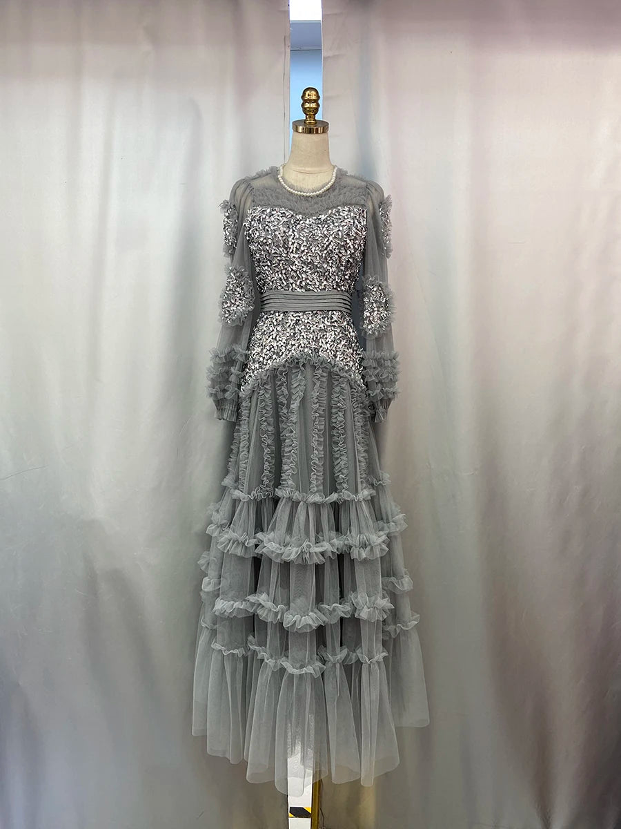 Solid Spliced Bead Luxurious Dresses for Women O Neck Long Sleeves High Waist Sheer Patchwork Fungus Dress Female