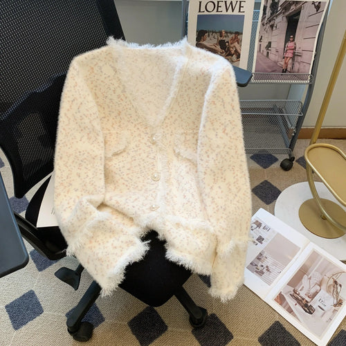 Load image into Gallery viewer, Autumn Winter French White Print V Neck Tassel Elegant Knitted Cardigan Tops Women Single Breasted Long Sleeve Mink Sweater Chic
