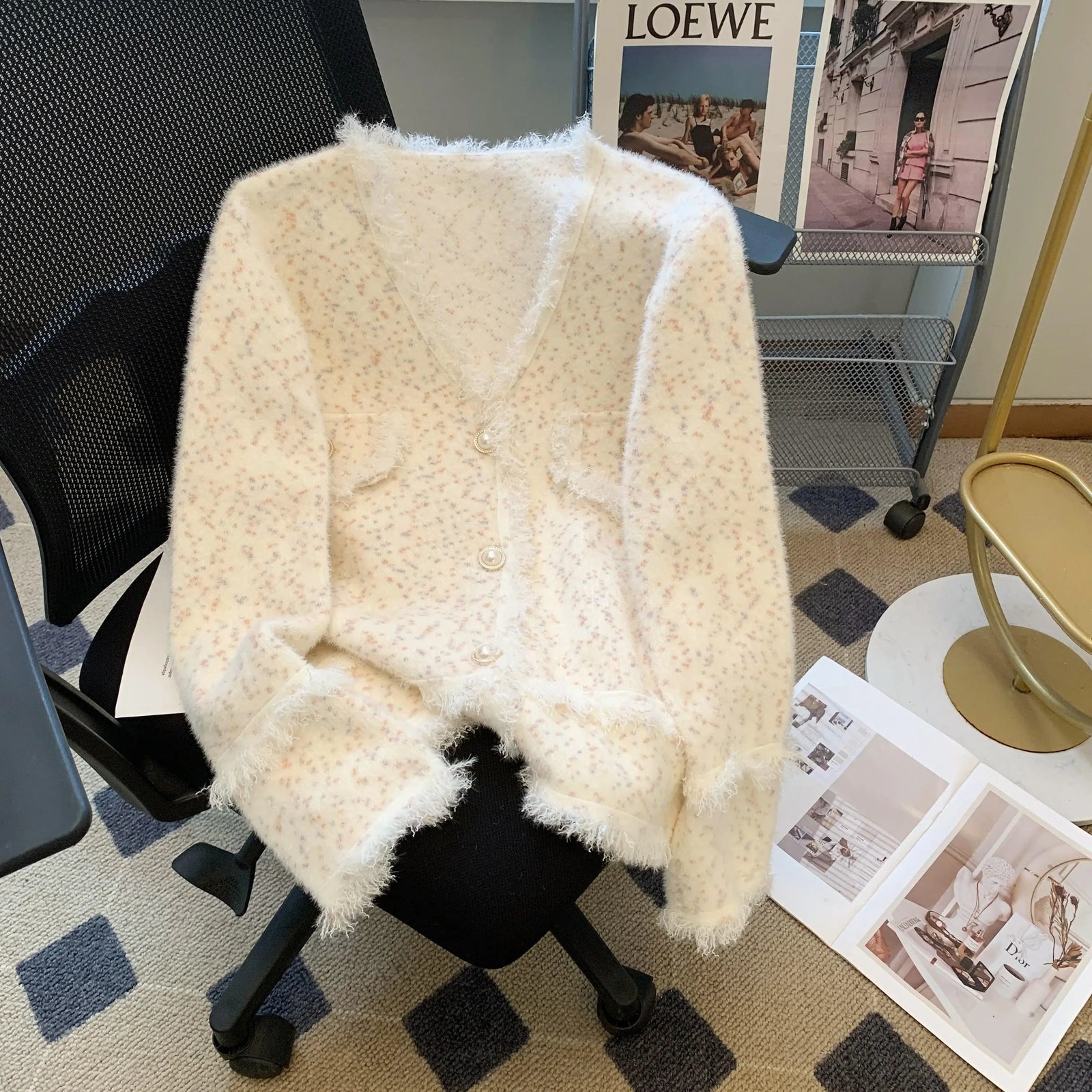 Autumn Winter French White Print V Neck Tassel Elegant Knitted Cardigan Tops Women Single Breasted Long Sleeve Mink Sweater Chic