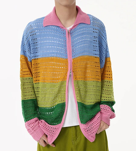 Vintage Men's Cardigan Hollow Out Contrast Color Zipper Clothing Turn-dwon Collar Long Sleeve Male Clothing Chic 9C6923