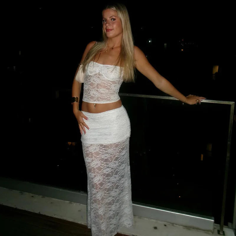 White Lace Sexy Two Piece Sets Woman Halter Top And Long Maxi Skirt Ladies Fashion Sheer Mesh Elegant Matching Sets