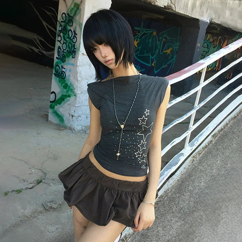 Load image into Gallery viewer, Japanese Y2k Off Shoulder T-shirt Trashy 2000s Style Rhinestones Sleeveless Top Vintage Harajuku Crop Top American Retro
