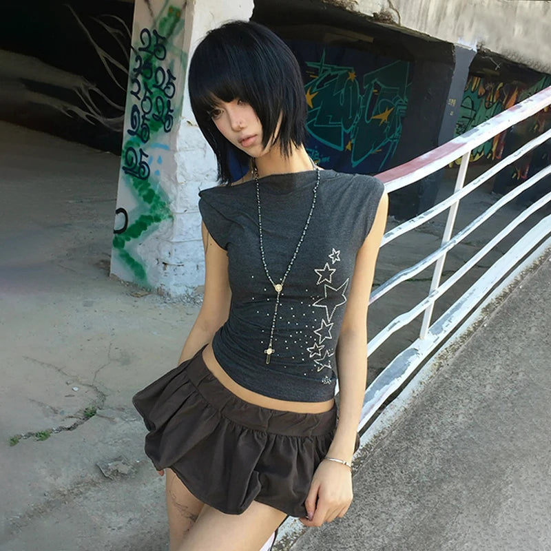 Japanese Y2k Off Shoulder T-shirt Trashy 2000s Style Rhinestones Sleeveless Top Vintage Harajuku Crop Top American Retro