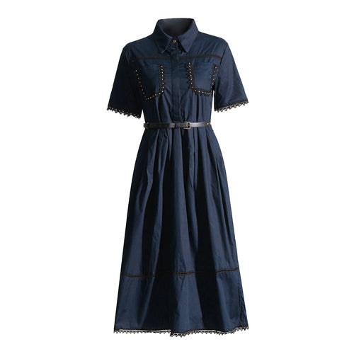 Load image into Gallery viewer, Elegant Spliced Lace Dresses For Women Lapel Short Sleeve High Waist Patchwork Belt Casual Dress Female Fashion
