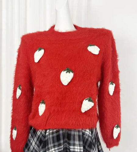 Autumn Winter Sweet Red Mink Strawberry Print Knitted Sweater Women Vintage Round Neck Vacation Long Sleeves Soft Pullover Tops