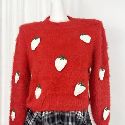 Load image into Gallery viewer, Autumn Winter Sweet Red Mink Strawberry Print Knitted Sweater Women Vintage Round Neck Vacation Long Sleeves Soft Pullover Tops
