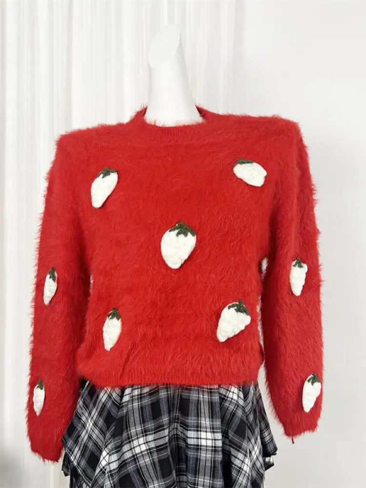 Autumn Winter Sweet Red Mink Strawberry Print Knitted Sweater Women Vintage Round Neck Vacation Long Sleeves Soft Pullover Tops