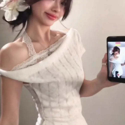 Load image into Gallery viewer, Y2k Aesthetic Lace Patchwork Slim Tshirts Women Harajuku Skew Collar Halter T-shirt 2025 Streetwear Irregular Ruffled Tees Femme
