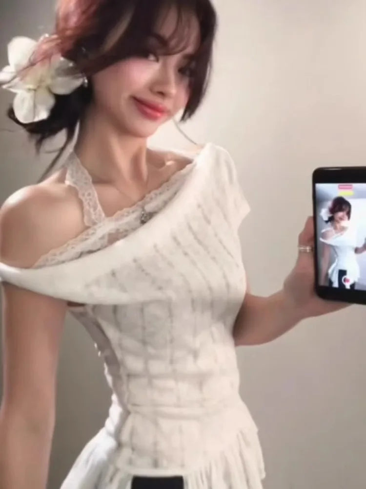 Y2k Aesthetic Lace Patchwork Slim Tshirts Women Harajuku Skew Collar Halter T-shirt 2025 Streetwear Irregular Ruffled Tees Femme