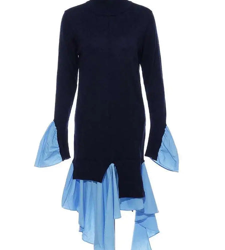Women Blue Knitting Ruffles Irregular Elegant Dress New Turtleneck Long Sleeve Fashion Tide Spring Autumn 2025 1DH4512