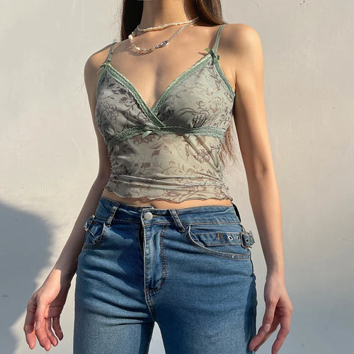 Load image into Gallery viewer, Fairycore y2k Graphic Printed Camisole Summer Crop Top Women Lace Trim Bow Kawaii 2000s Aesthetic Frill Tanks Clothes
