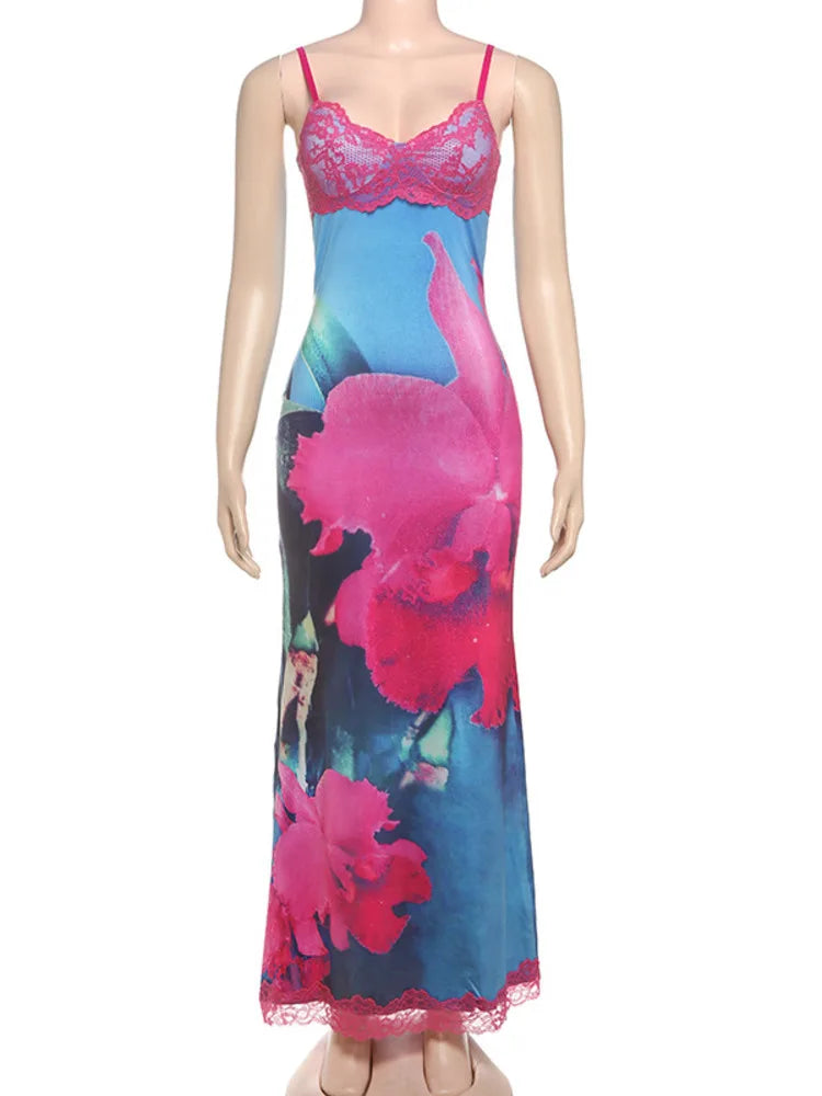 Spaghetti Strap Print Sexy Maxi Dress For Women Fashion Sleeveless Backless Bodycon Club Printed Long Dress Elegant