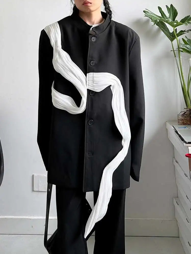 Women Ribbons Color-block Big Size Blazer New Stand Collar Long Sleeve Jacket Fashion Tide Spring Autumn 2025 1DH8156