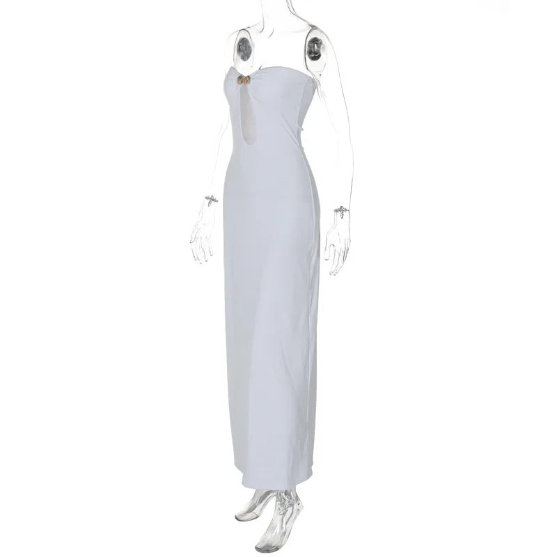 Metal Button Strapless Backless Long Dress Women Fashion Hollow Out Off-shoulder Sleeveless Bodycon Party Midi Dress