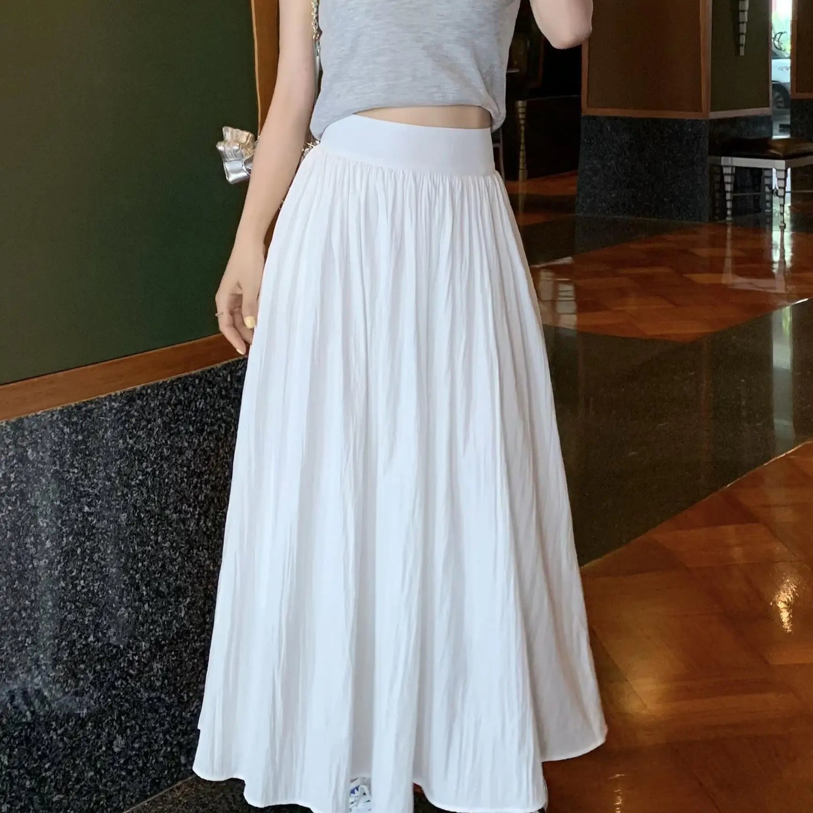 Spring Summer Women Solid Holiday Pleated Half Long Skirts Vintage Elastic High Waist Chic A-line Skirt Simplicity Casual Street