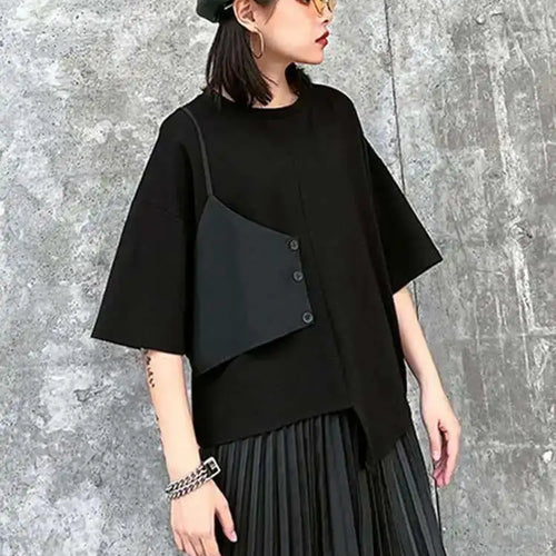 Load image into Gallery viewer, Black T-shirt Pleated Irregular Half-body Skirt Two Pieces Suit New Round Neck Women Fashion Spring Summer 2025 1DH5042
