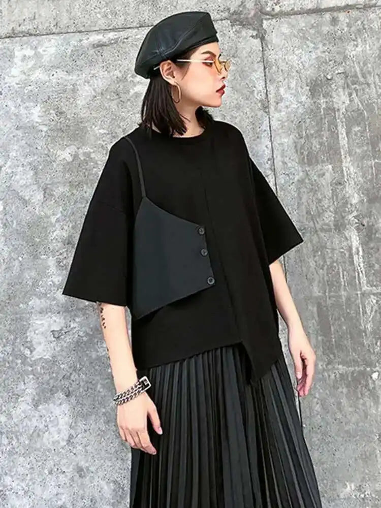 Black T-shirt Pleated Irregular Half-body Skirt Two Pieces Suit New Round Neck Women Fashion Spring Summer 2025 1DH5042