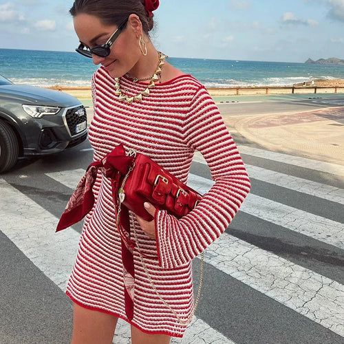 Load image into Gallery viewer, Striped Knit Mini Dress For Women Autumn Winter New O Neck Long Sleeve Contrast Color High Waist Beach Sexy Dress New
