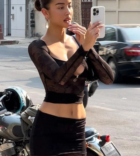 Sexy Lace Patchwork Hollow Women Set Long Sleeve Slim Fit Perspective Flare Pants Long Pants Set Fashion Street Clothing