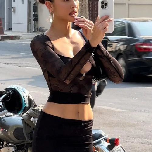 Load image into Gallery viewer, Sexy Lace Patchwork Hollow Women Set Long Sleeve Slim Fit Perspective Flare Pants Long Pants Set Fashion Street Clothing
