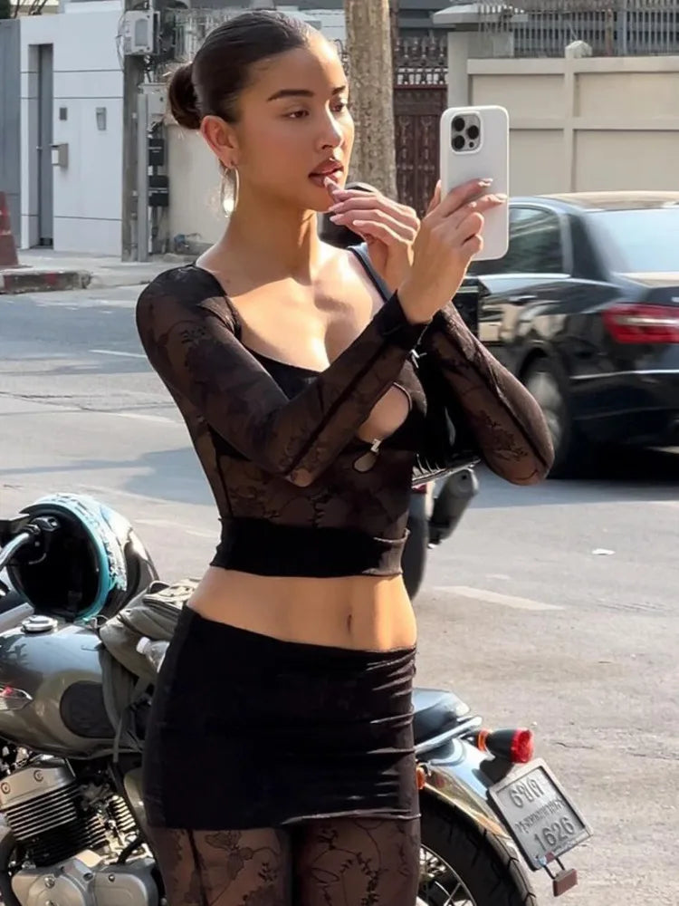 Sexy Lace Patchwork Hollow Women Set Long Sleeve Slim Fit Perspective Flare Pants Long Pants Set Fashion Street Clothing