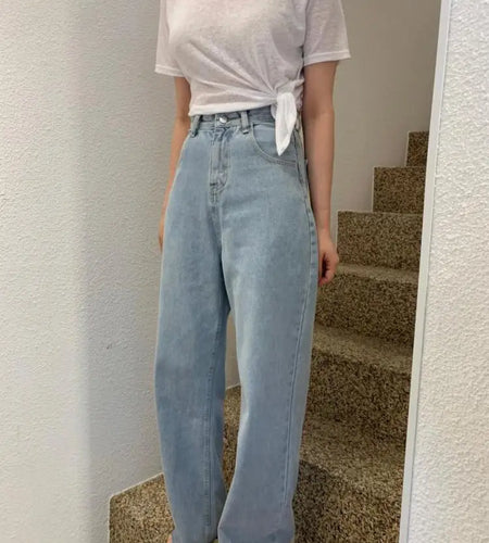 Blue Loose Wide-leg Cowboy Long Pants For Women Clothing Heart Wash Straight Jeans Y2k 2023 High Waisted Woman Fashion Popular