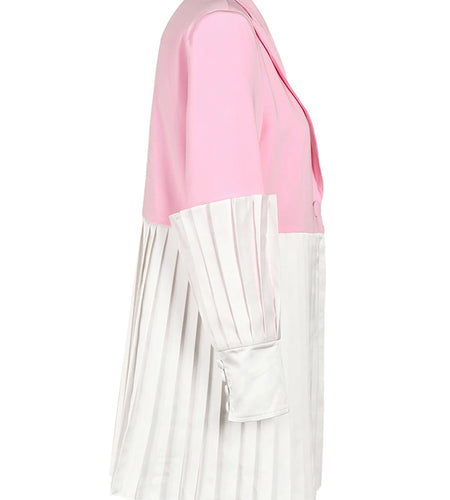 Women pink Color Pleated Color-block Blazer New Lapel Long Sleeve Loose Fit Jacket Fashion Tide Spring Autumn 2025 7AB008