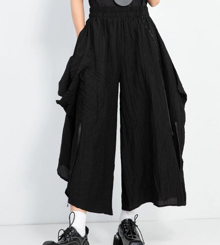 High Elastic Waist Black Pleated Pocket Irregular Wide Leg Pants New Trousers Women Fashion Spring Autumn 2025 1DJ1013