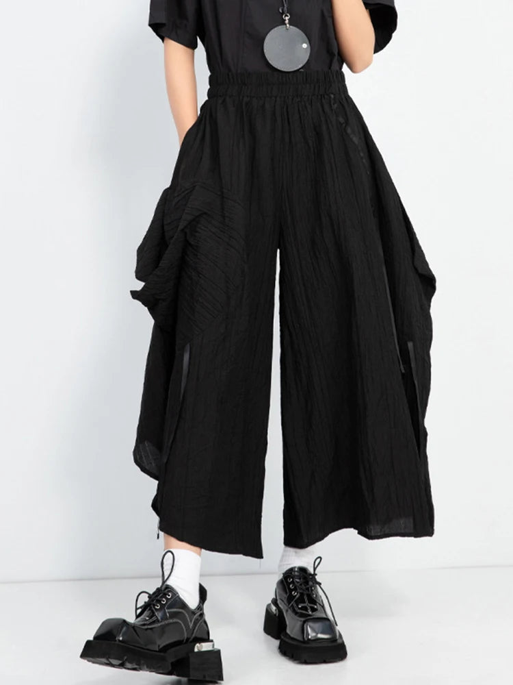 High Elastic Waist Black Pleated Pocket Irregular Wide Leg Pants New Trousers Women Fashion Spring Autumn 2025 1DJ1013